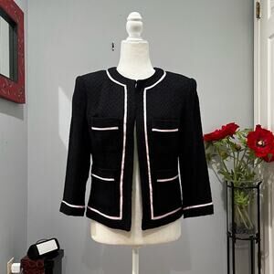 NEW Moda Intl Classic Tailored Ribbon Trim Knit Collarless Blazer Suit Jacket 0